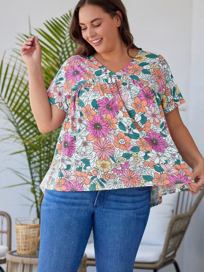 Summer Blossom V Neck Plus Size Blouse for Women