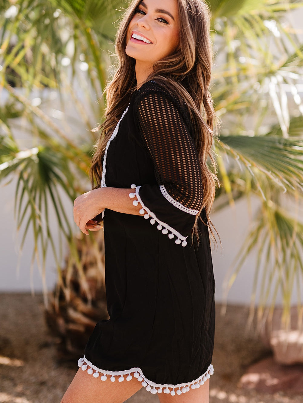 Beach Ready Black Crochet Pom Pom Trim Tunic Cover-Up