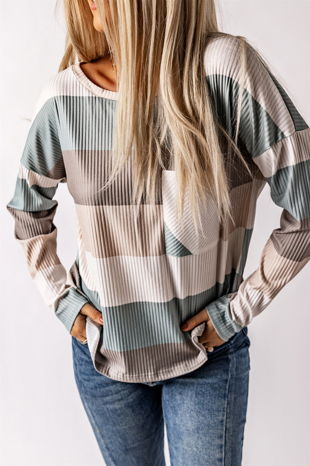 Green Striped Ribbed Long Sleeve Top with Chest Pocket