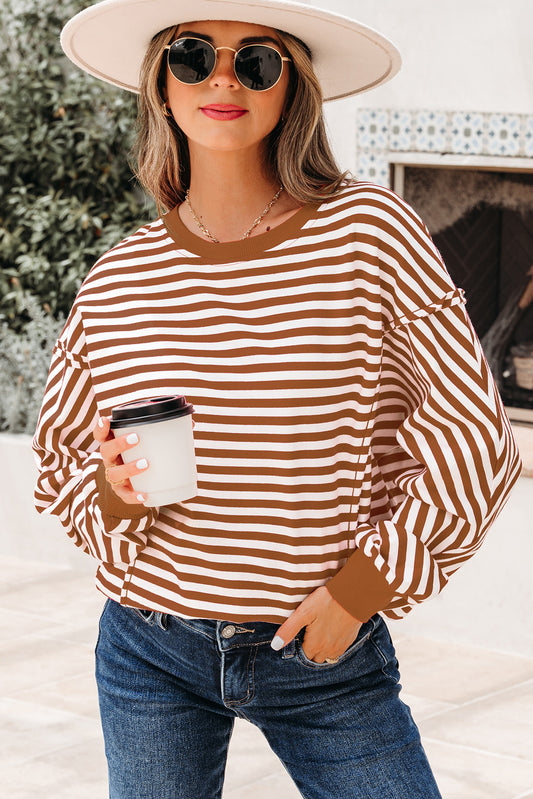 Brown Stripe Exposed Seam Drop Shoulder Casual Pullover Top