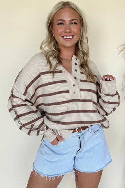 Khaki Stripe Exposed Seam Drop Shoulder Patchwork Loose Henley Sweater