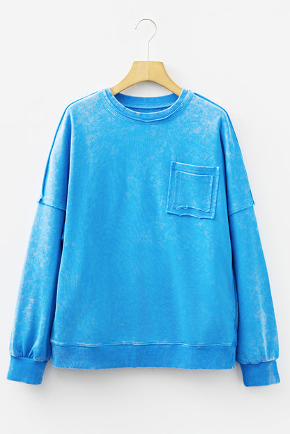 Blue Mineral Wash Raw Seam Double Patched Pocket Drop Shoulder Sweatshirt