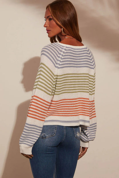 Multicolour Striped Print Raglan Sleeve V Neck Sweater