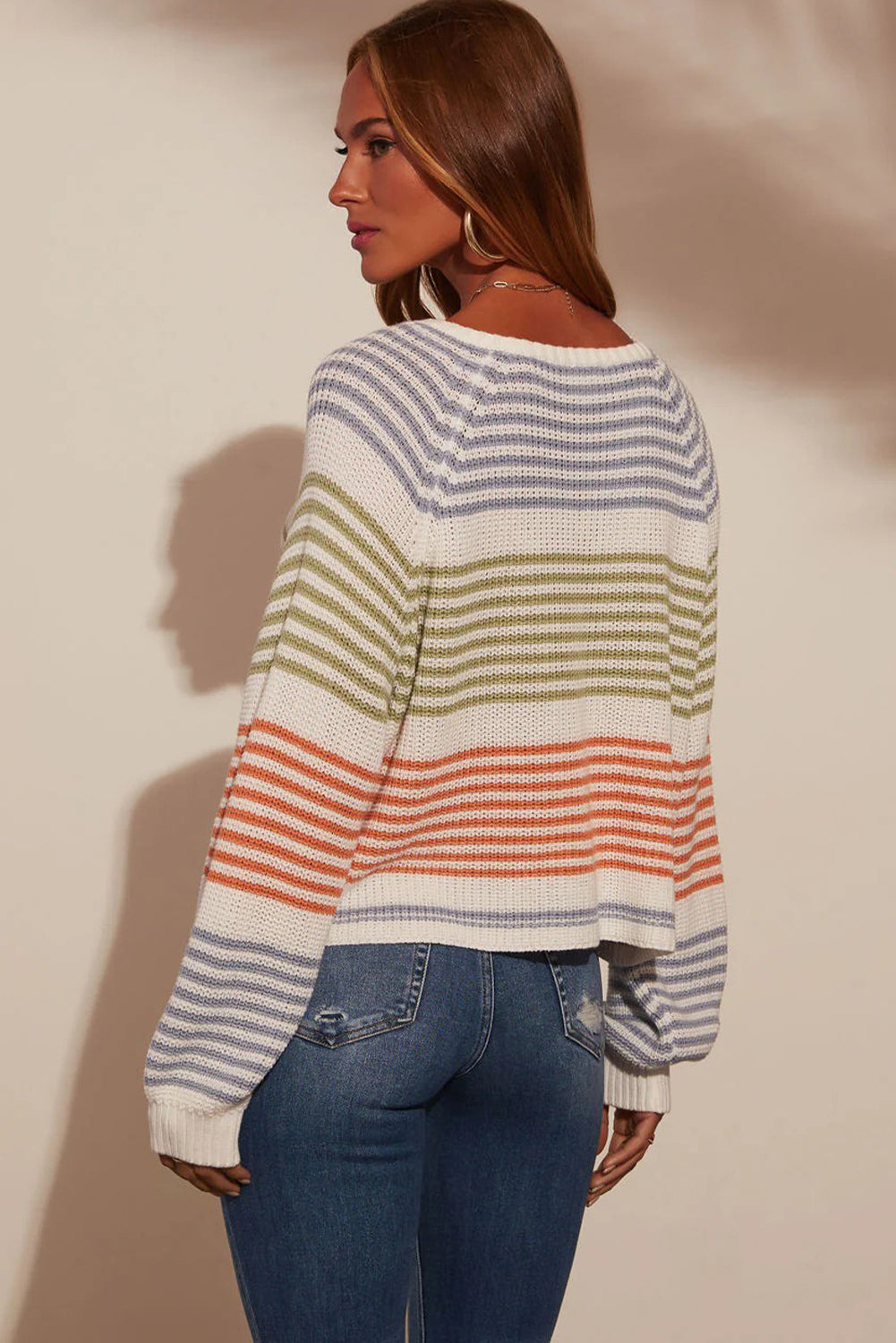 Multicolour Striped Print Raglan Sleeve V Neck Sweater