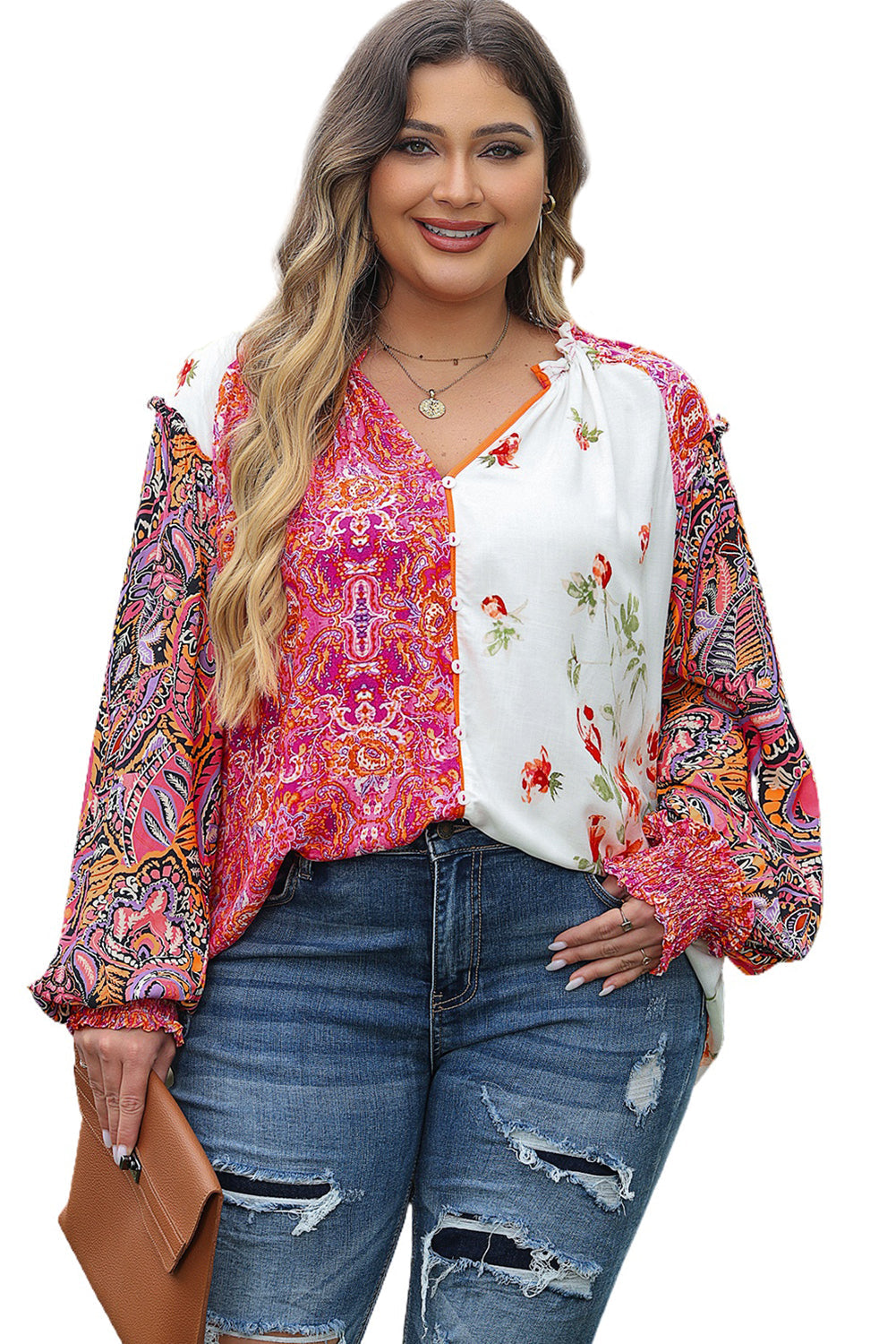 Pink Floral Print V-Neck Button-Up Blouse with Shirred Cuffs