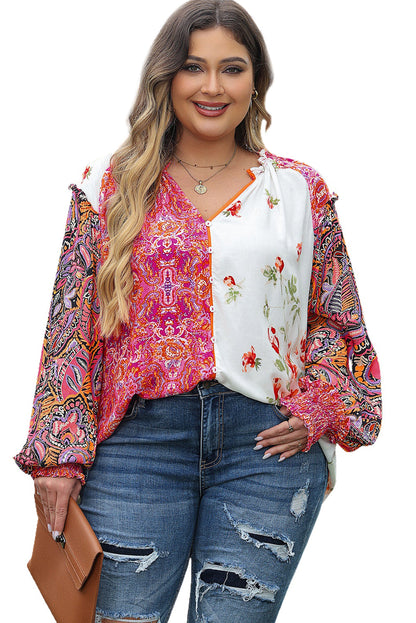 Pink Floral Print V-Neck Button-Up Blouse with Shirred Cuffs