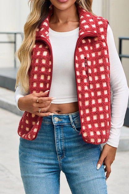 Red Checkered Texture Plush Zip Up Winter Vest