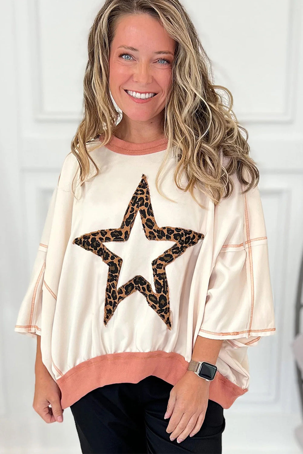 White Contrast Ribbed Exposed Seam Patchwork Leopard Star Oversize Top