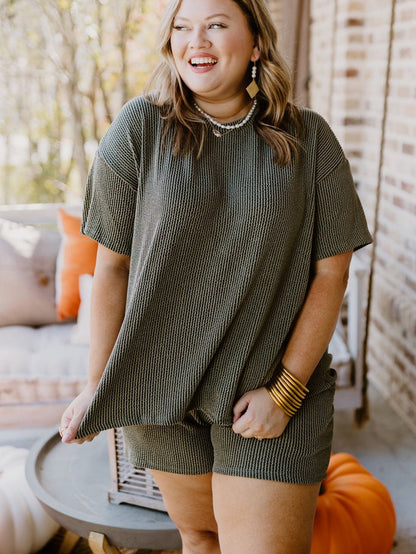 Moss Green Plus Size Rib Knit Short Sleeve Top and Shorts Set