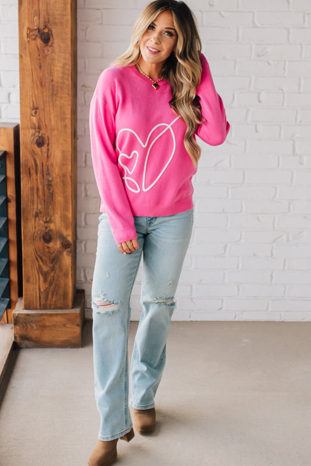 Heart Embroidered Ribbed Edge Crew Neck Sweater