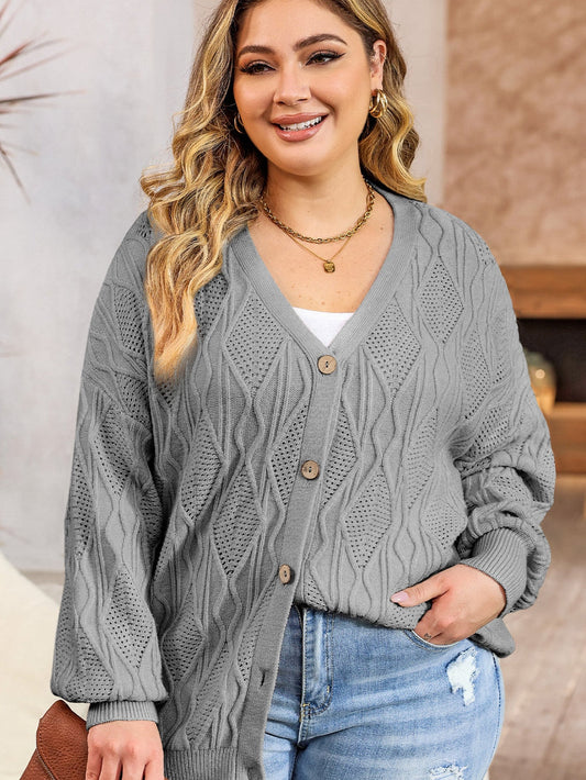 Cozy Gray Hollow Knit Plus Size Button-Up Cardigan