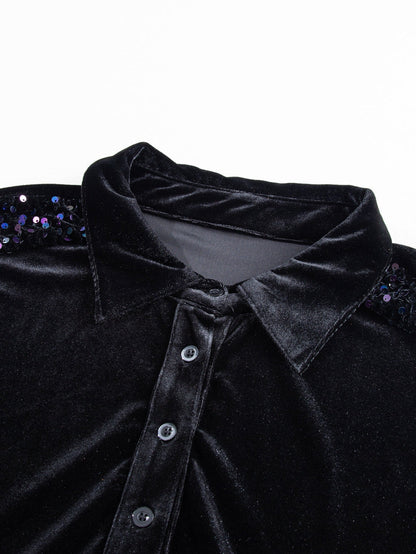 Elegant Black Velvet Peplum Shirt with Sequin Detail