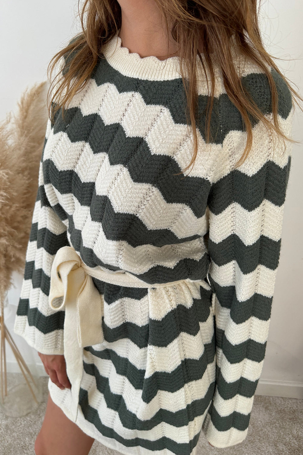 Green Stripe Loose Sleeve Belted Shift Sweater Dress