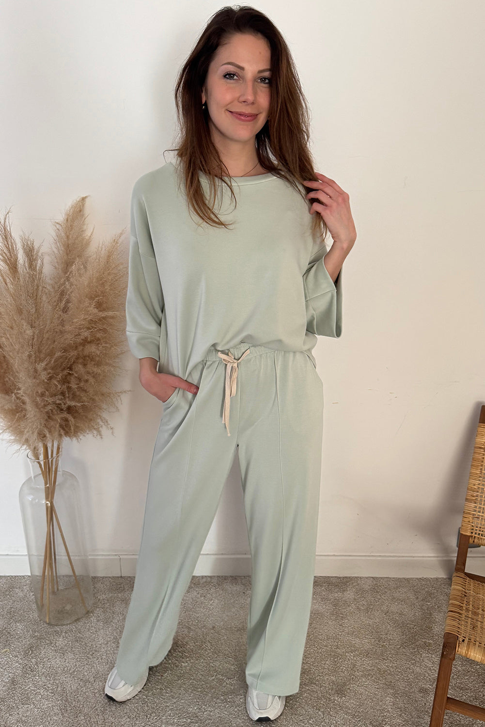 Clearly Aqua 2pcs Drop Shoulder Pullover Drawstring Pants Set