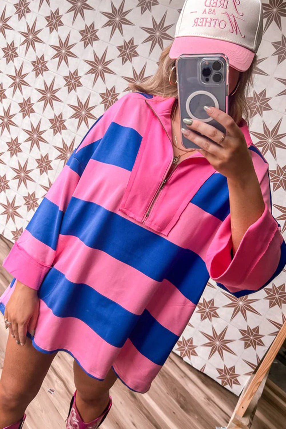 Pink Striped Color Block Zip Neck Patchwork 3/4 Sleeve Loose T Shirt Mini Dress