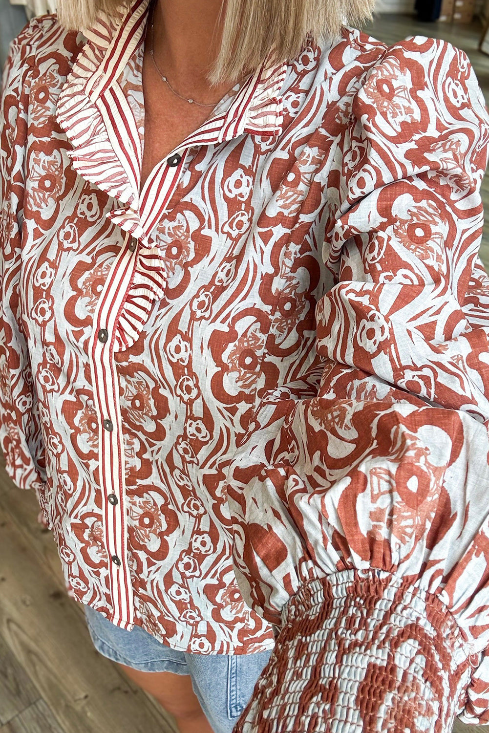 Sky Blue Floral Print Frilled Striped Trim Button Down Smocked Cuffs Long Sleeve Shirt