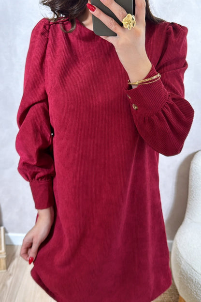 Racing Red Solid Color Button Cuffed Long Sleeve Corduroy Mini Dress