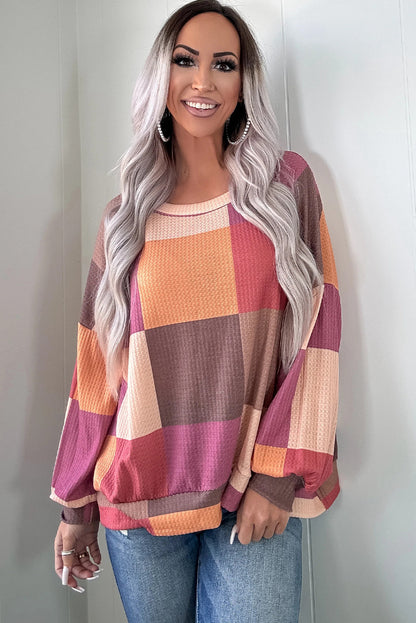 Rose Red Checkered Print Textured Knit Long Sleeve Loose Top