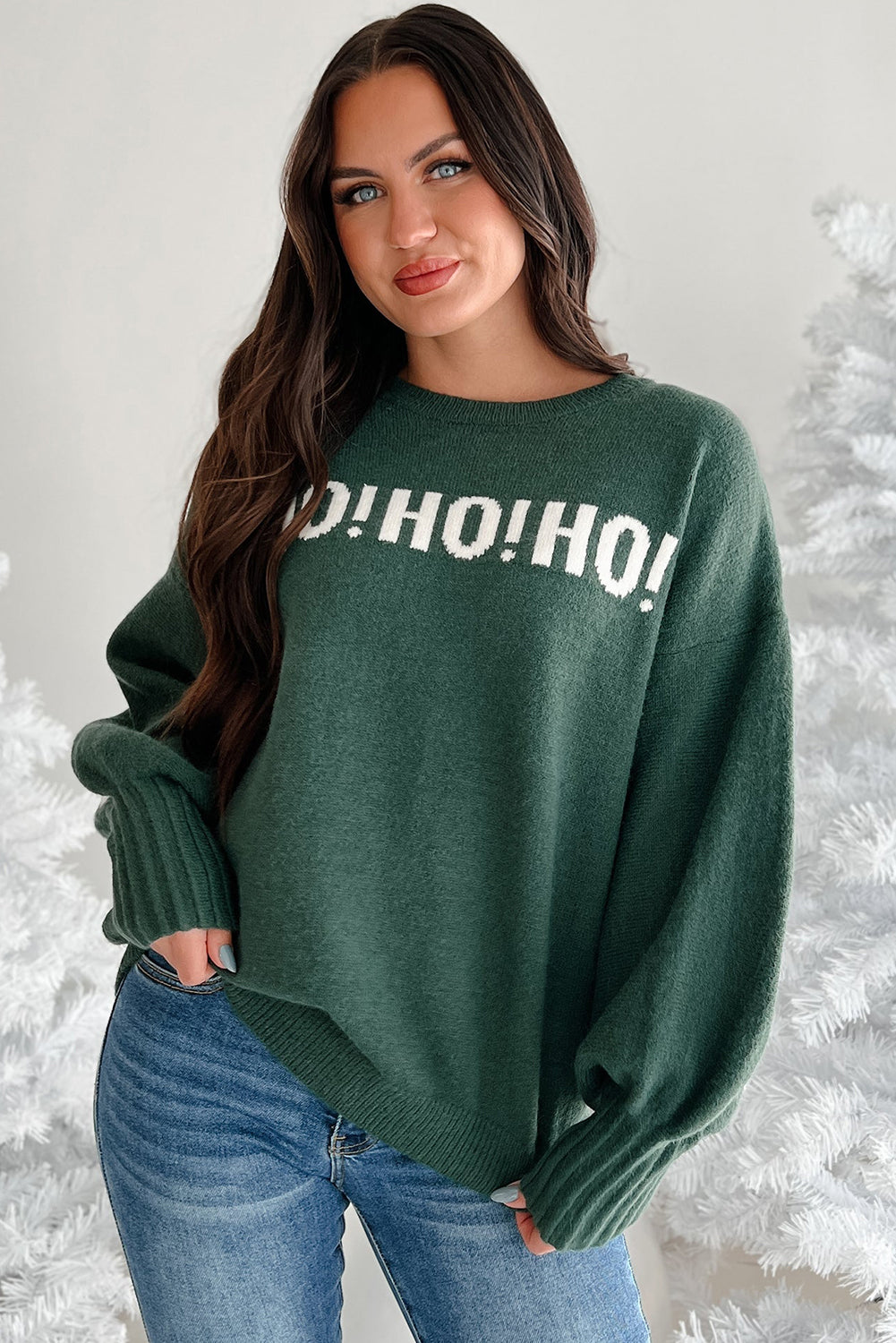 Blackish Green MERRY CHRISTMAS HO HO HO Drop Shoulder Loose Sweater
