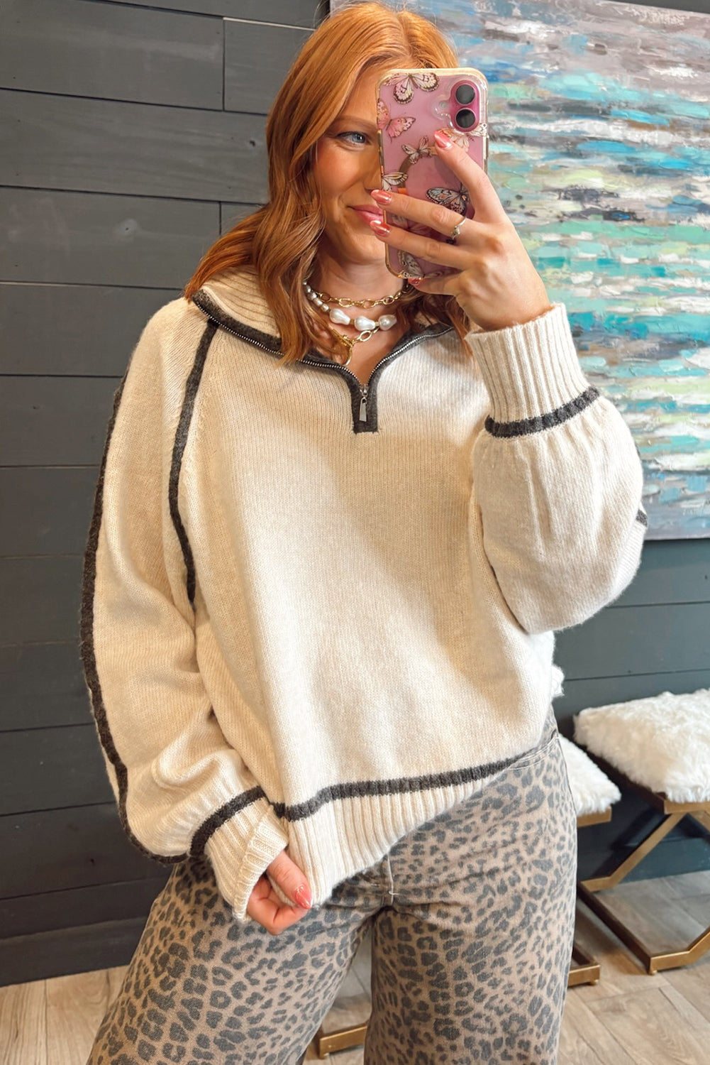 White Contrast Trim Ribbed Detail Quarter Zip Baggy Sweater