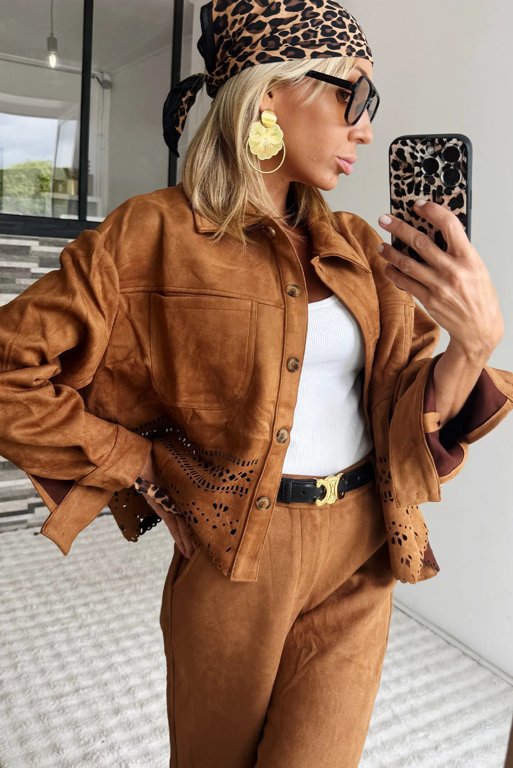 Thai Curry Solid Color Faux Suede Hollowed Detail Button Down Jacket