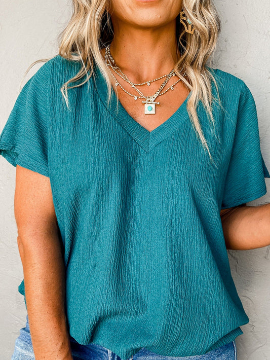 Blue Sapphire Bubble Hem V Neck Textured Plus Size Top
