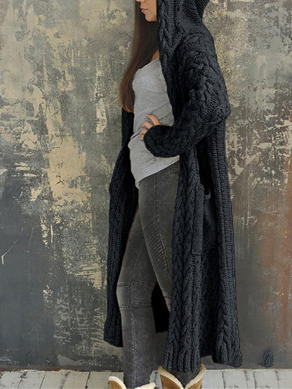 Women's Cardigan Sweater Hooded Cable Knit Polyester Pocket Hooded Fall Winter Long Outdoor Daily Going out Stylish Casual Soft Long Sleeve Solid Color Black Yellow Pink S M L