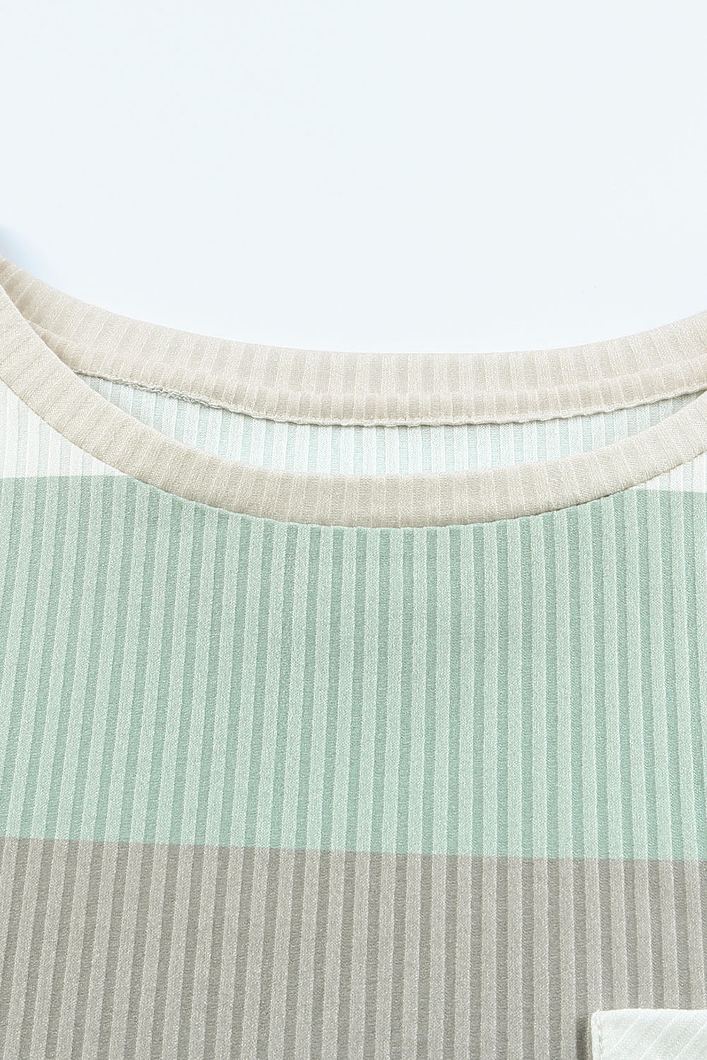 Green Striped Ribbed Long Sleeve Top with Chest Pocket