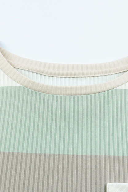 Green Striped Ribbed Long Sleeve Top with Chest Pocket