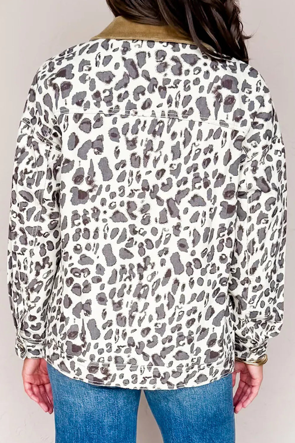 Brown Leopard Print Button Front Contrast Collar Patchwork Jacket