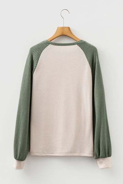 Mist Green Plus Size Waffled Color Block Long Sleeve Top