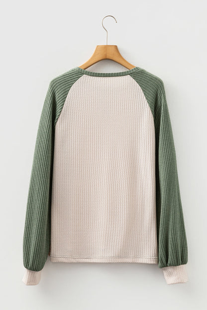 Mist Green Plus Size Waffled Color Block Long Sleeve Top