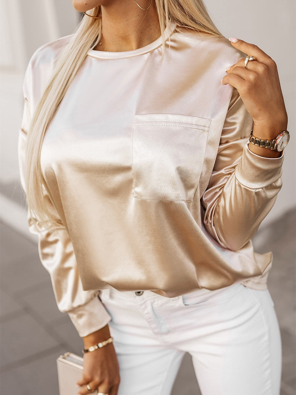 Glittery Apricot Satin Long Sleeve Top with Chest Pocket