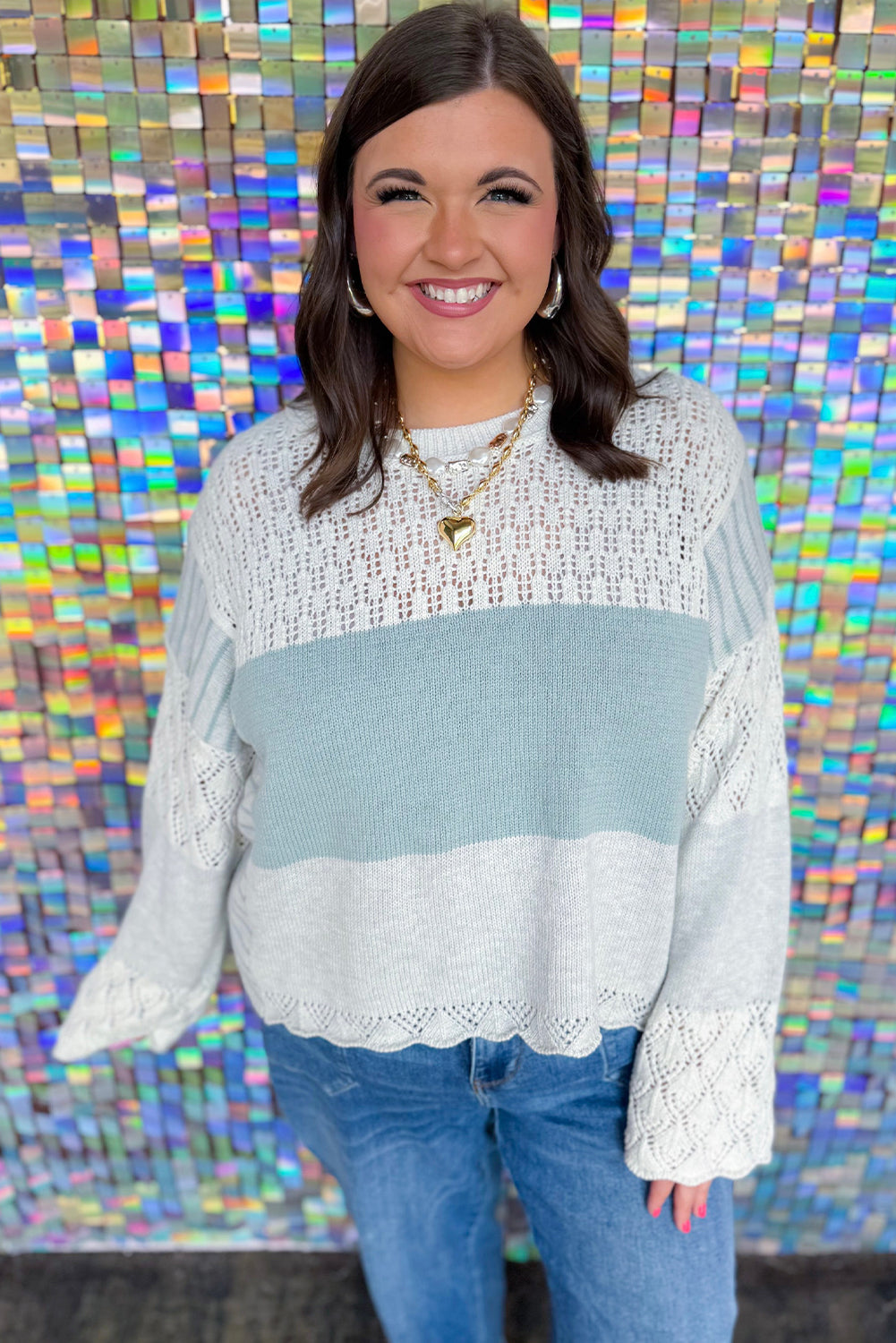 Light Grey Plus Size Color Block Hollowed Knit Patchwork Loose Sweater