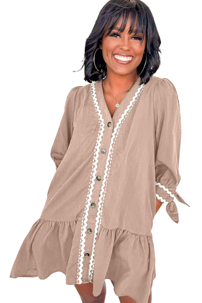 Smoke Gray Contrast Ricrac Trim Button V Neck Knotted Bracelet Sleeve Shift Dress