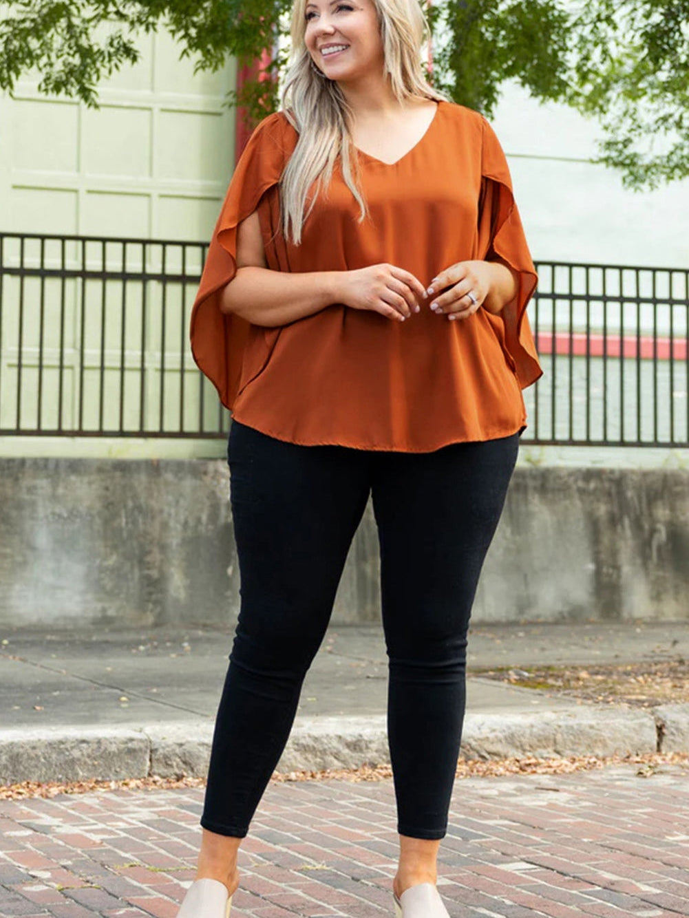 Golden Flame Wrap Sleeve V-Neck Plus Size Blouse