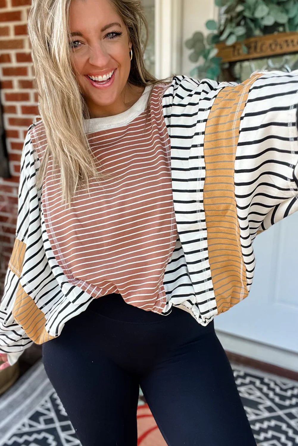 Pink Striped Color Block Patchwork Exposed Seam Oversize Long Sleeve Top