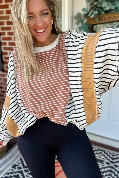 Pink Striped Color Block Patchwork Exposed Seam Oversize Long Sleeve Top