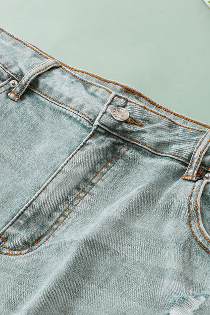 Light Blue Plus Size Distressed Rolled Hem Denim Shorts