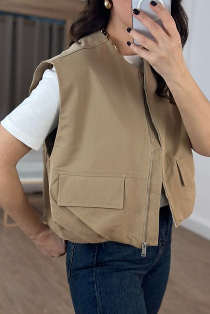Tan Mock Pockets Zipped Front Cargo Style Casual Vest