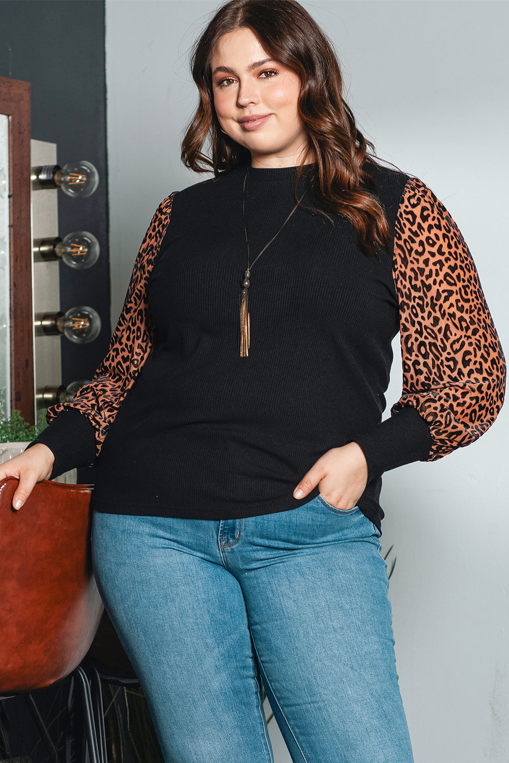 Leopard Print Mock Neck Ribbed Knit Top for Plus Size Women