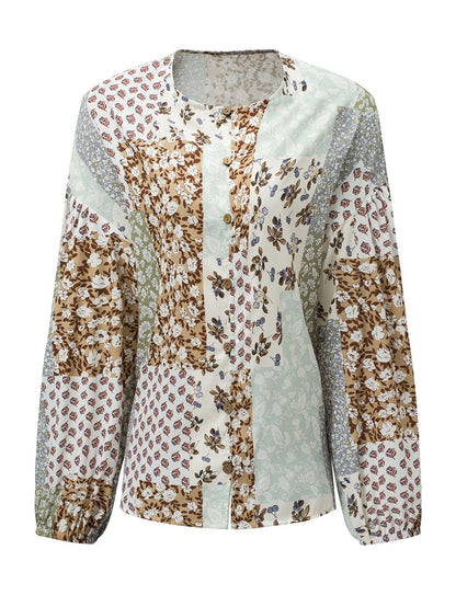 Floral Patchwork Print V-Neck Long Sleeve Blouse