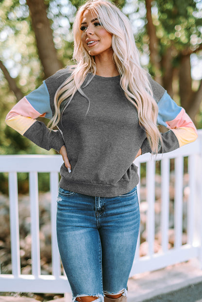 Gray Colorblock Pullover Sweater with Long Sleeves