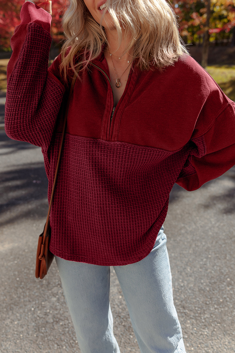 Red Dahlia Waffle Knit Patchwork Half Zipped Casual Sweatshirt