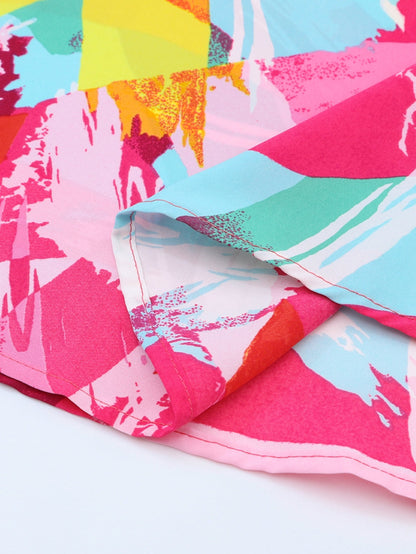 Vibrant Pink Graffiti Print Plus Size Blouse with Puff Sleeves