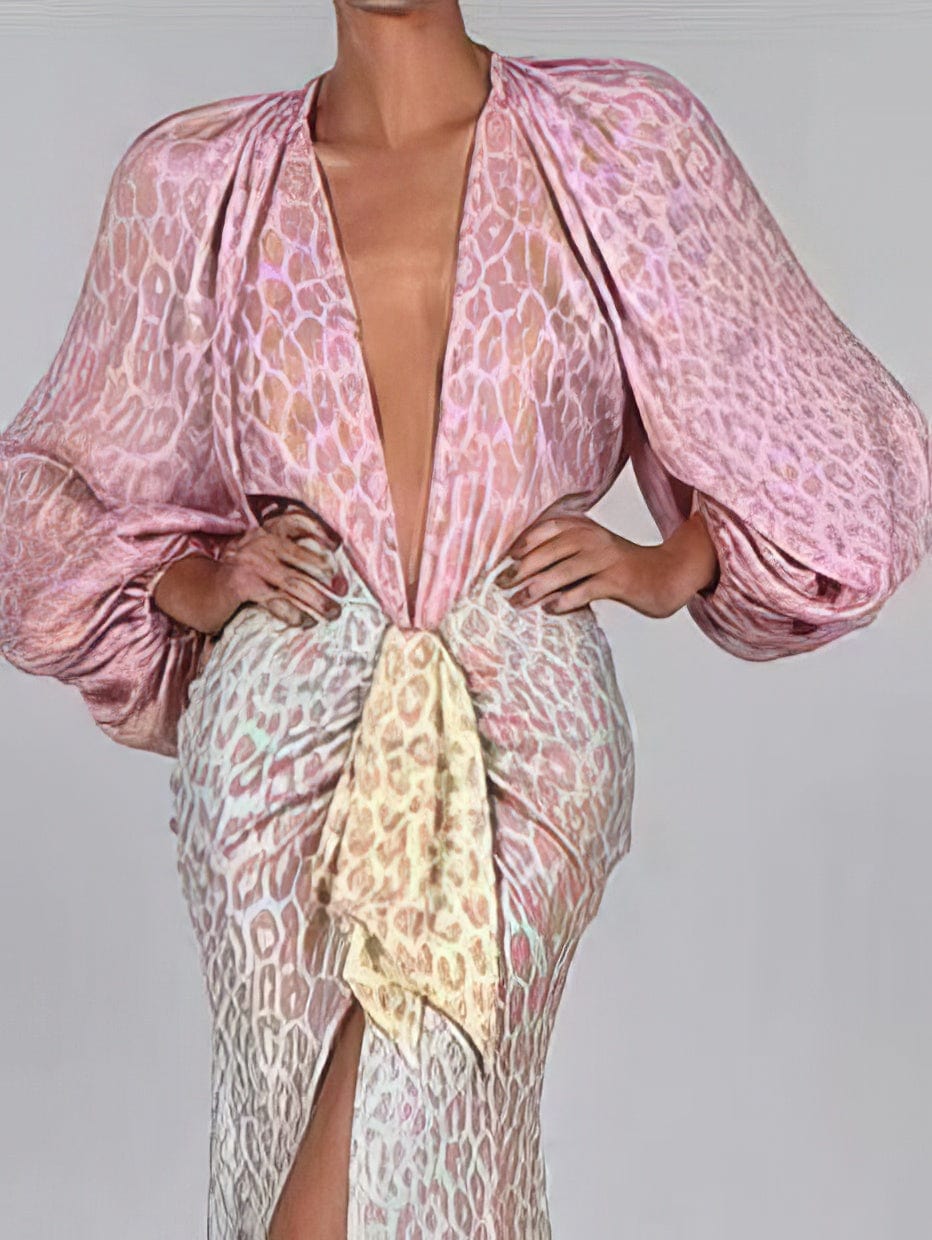 Deep V Neck Lantern Sleeves Slit Dress