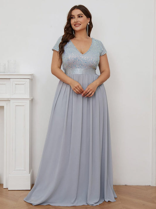 Deep V Neck Plus Size Evening Dress with Short Sleeves