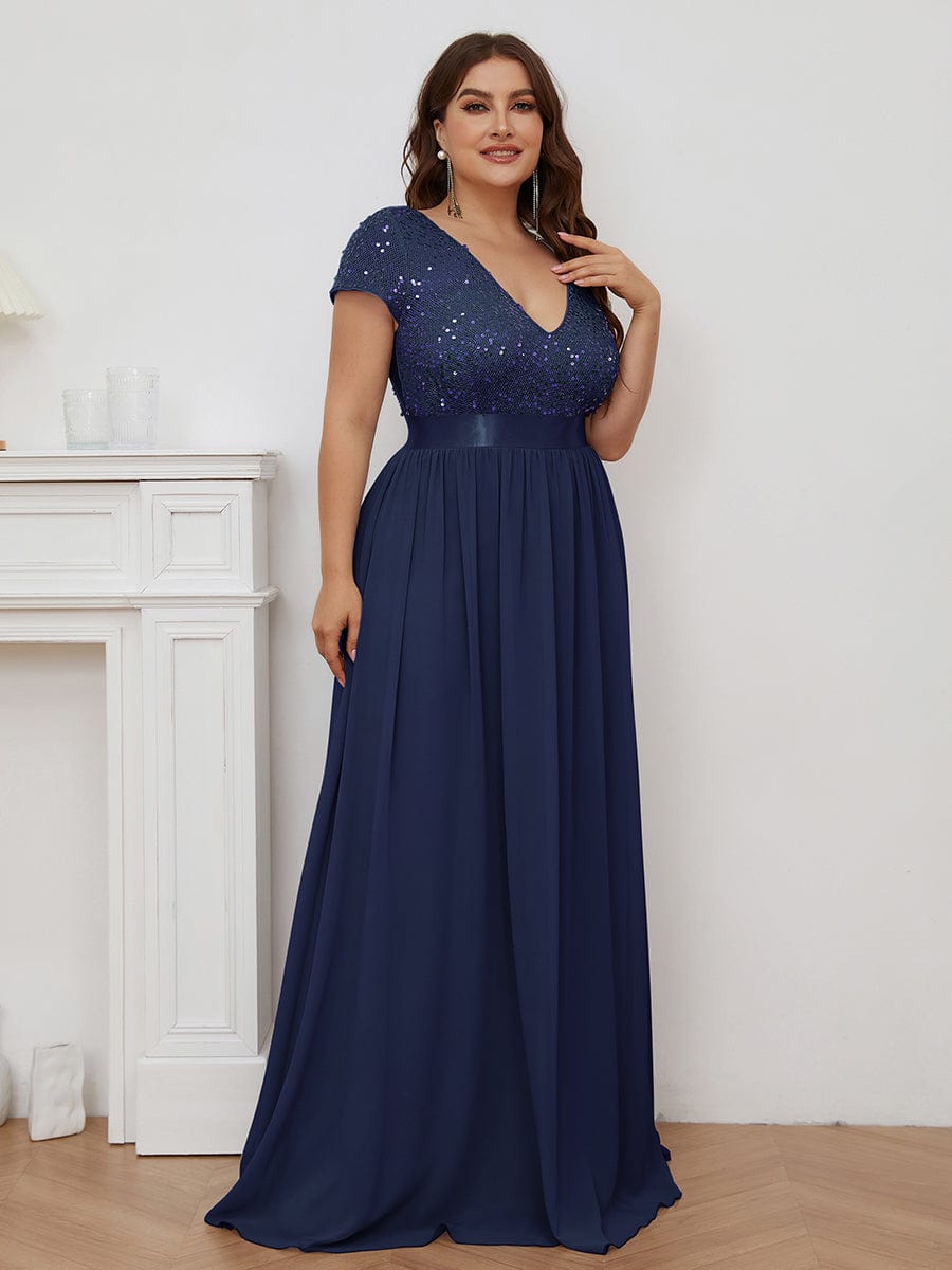 Deep V Neck Plus Size Evening Dress with Short Sleeves
