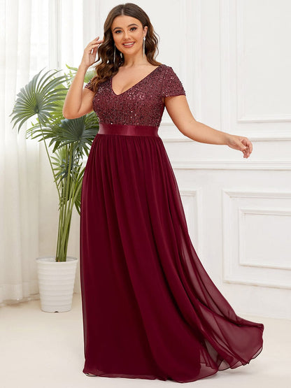Deep V Neck Plus Size Evening Dress with Short Sleeves