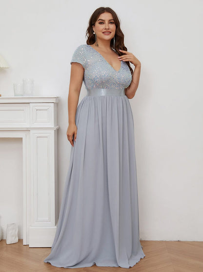 Deep V Neck Plus Size Evening Dress with Short Sleeves